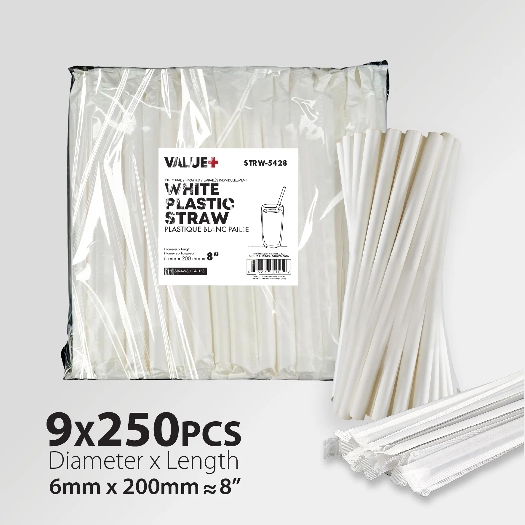 Value+ - 8" White Plastic Straw - Milkshake - Wrapped - 6 mm - Image 3