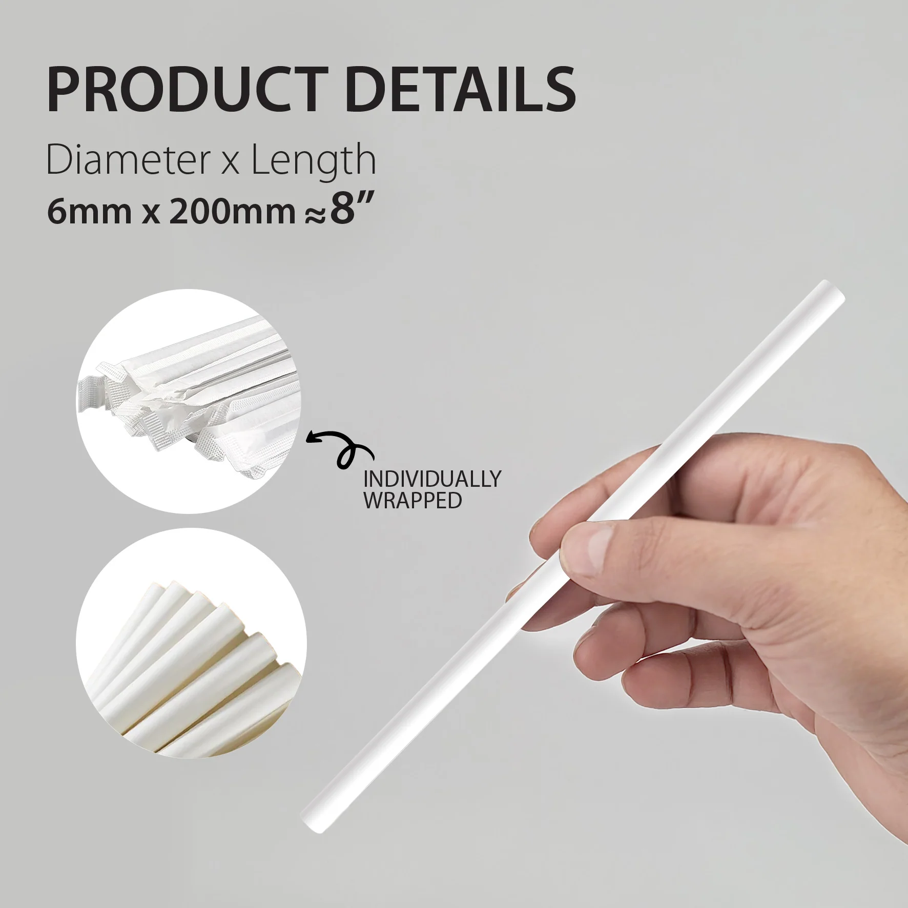 Value+ - 8" White Plastic Straw - Milkshake - Wrapped - 6 mm - Image 4