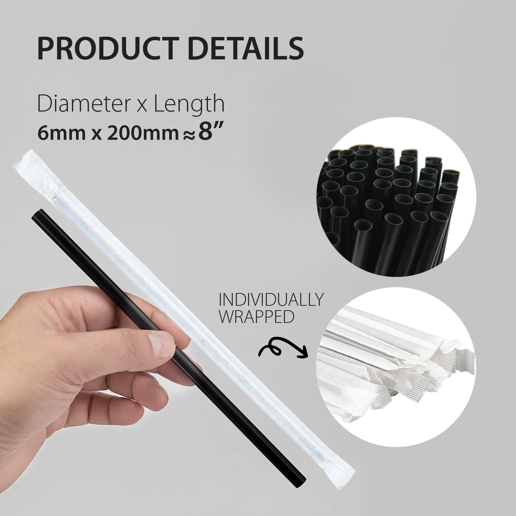 Value+ - MILKSHAKE -  8" Black Plastic Straw - Ind. Wrapped - 6 mm - Image 3