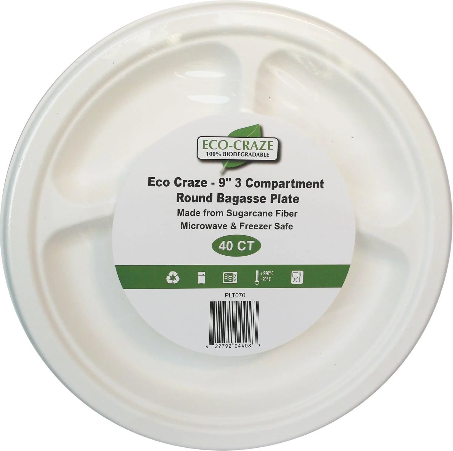 Eco-Craze - 9" 3 Compartment- Bagasse Round Plate - Retail Pack - Image 2