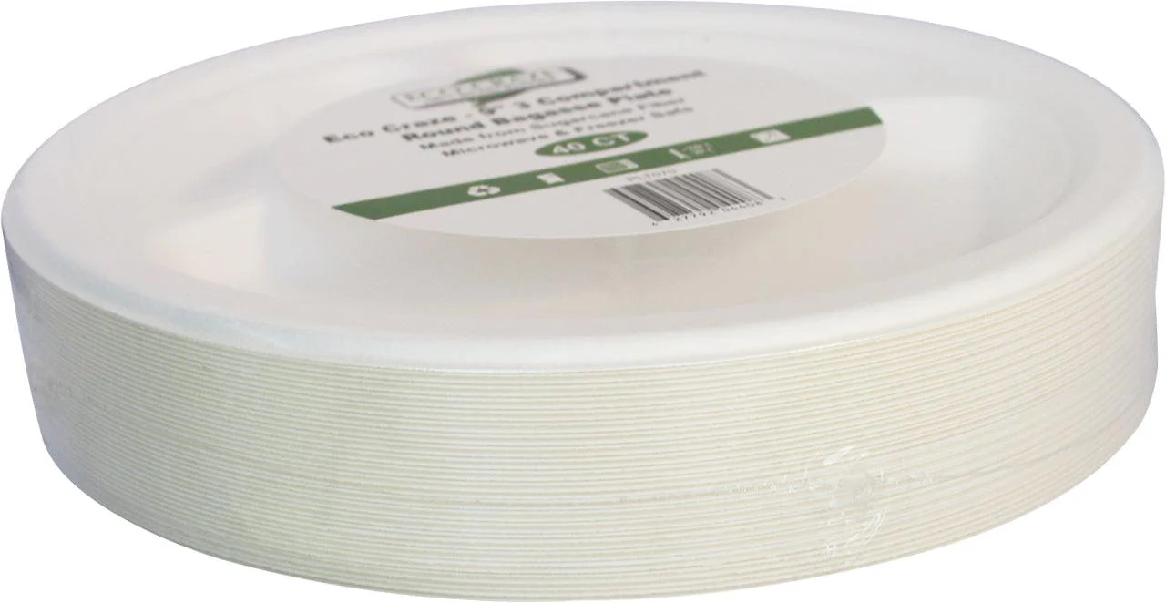 Eco-Craze - 9" 3 Compartment- Bagasse Round Plate - Retail Pack - Image 4