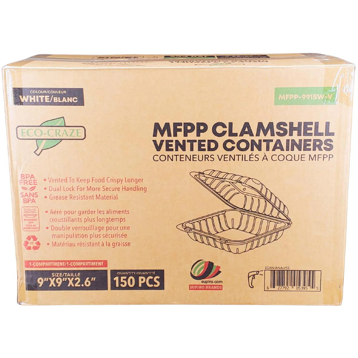 Eco-Craze  MFPP Clamshell Container 9x9x2.6" -1 Compt. White - Image 13