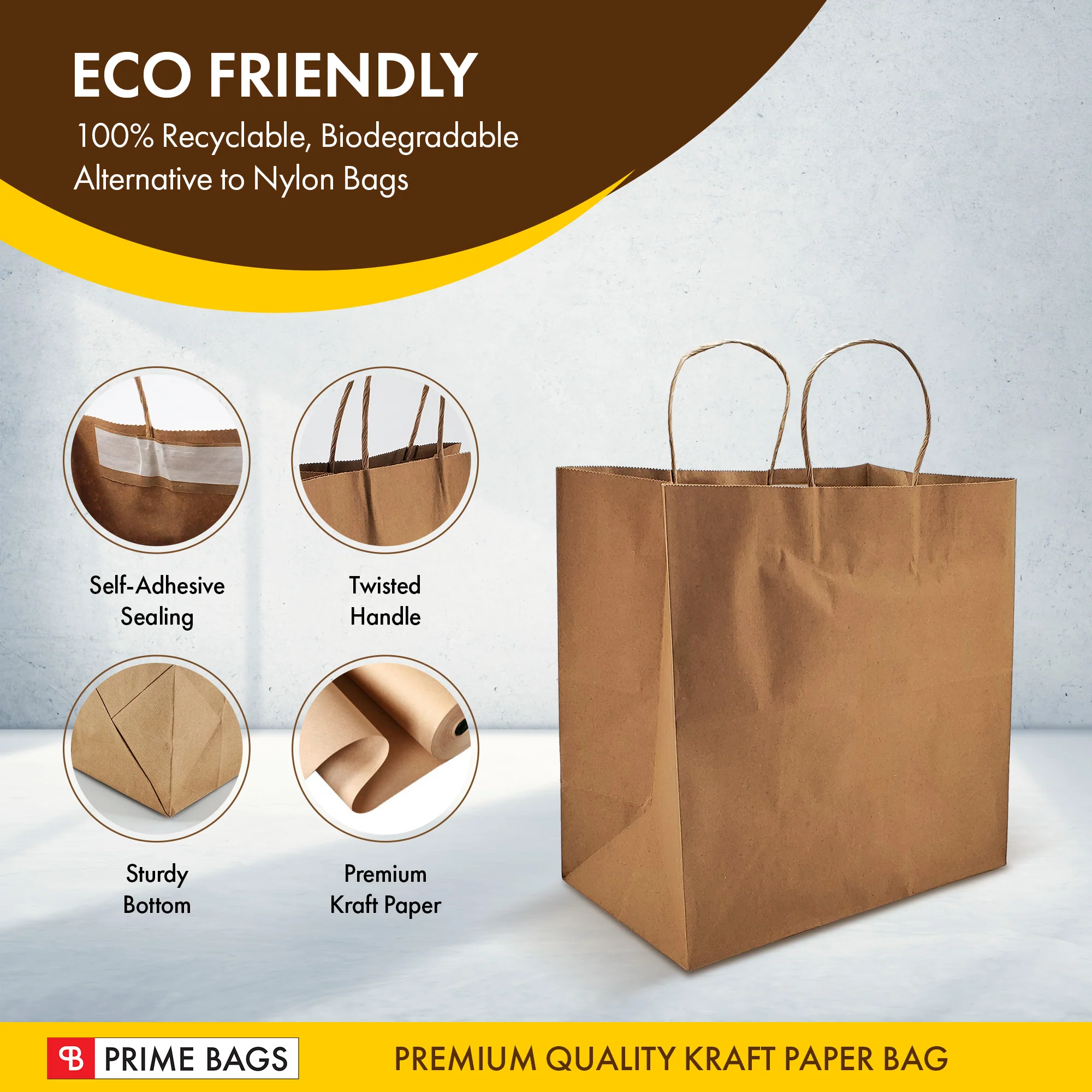 Prime Bags - Delta - Self Adhesive Paper Bags with Twisted Handles - 13x7x13 - Image 5