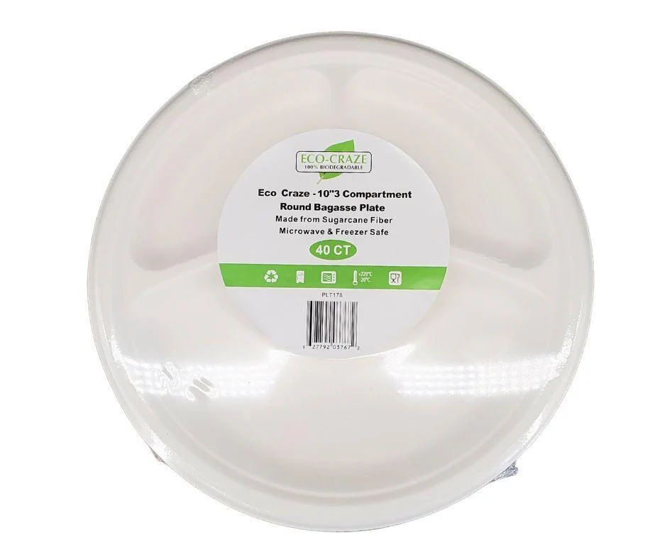 Eco-Craze - 10" 3 Compartment Round Bagasse Plate - Retail Pack - Image 4