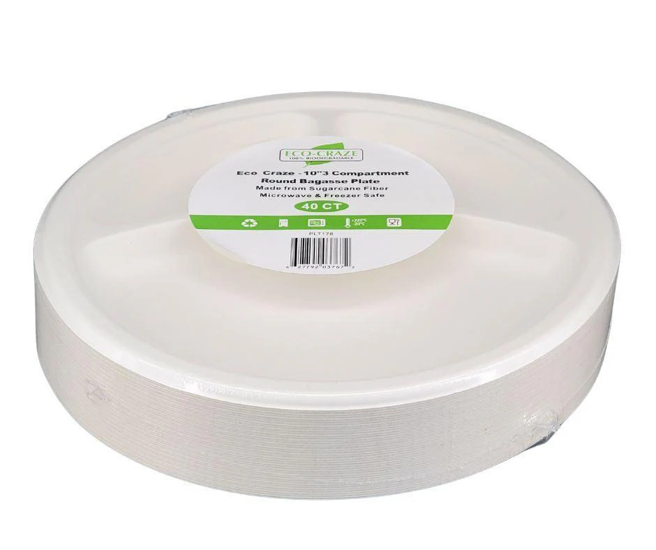 Eco-Craze - 10" 3 Compartment Round Bagasse Plate - Retail Pack - Image 5