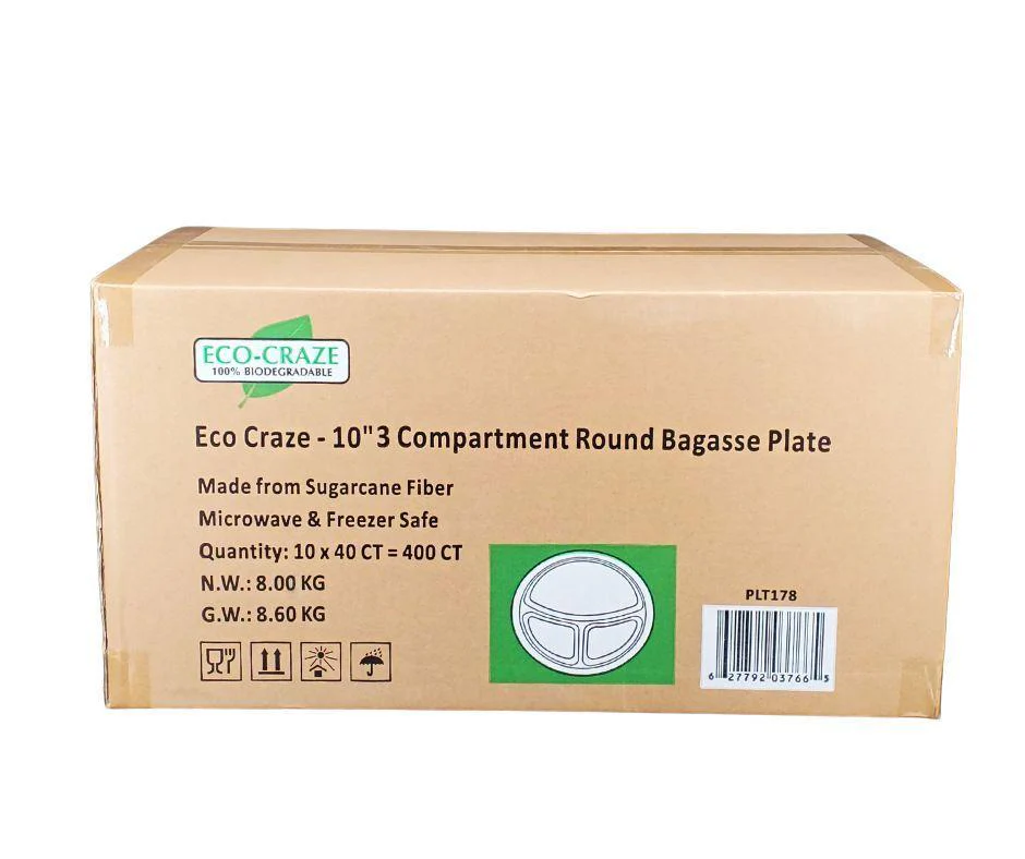 Eco-Craze - 10" 3 Compartment Round Bagasse Plate - Retail Pack - Image 6