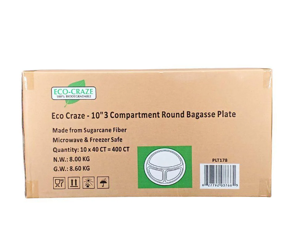 Eco-Craze - 10" 3 Compartment Round Bagasse Plate - Retail Pack - Image 9