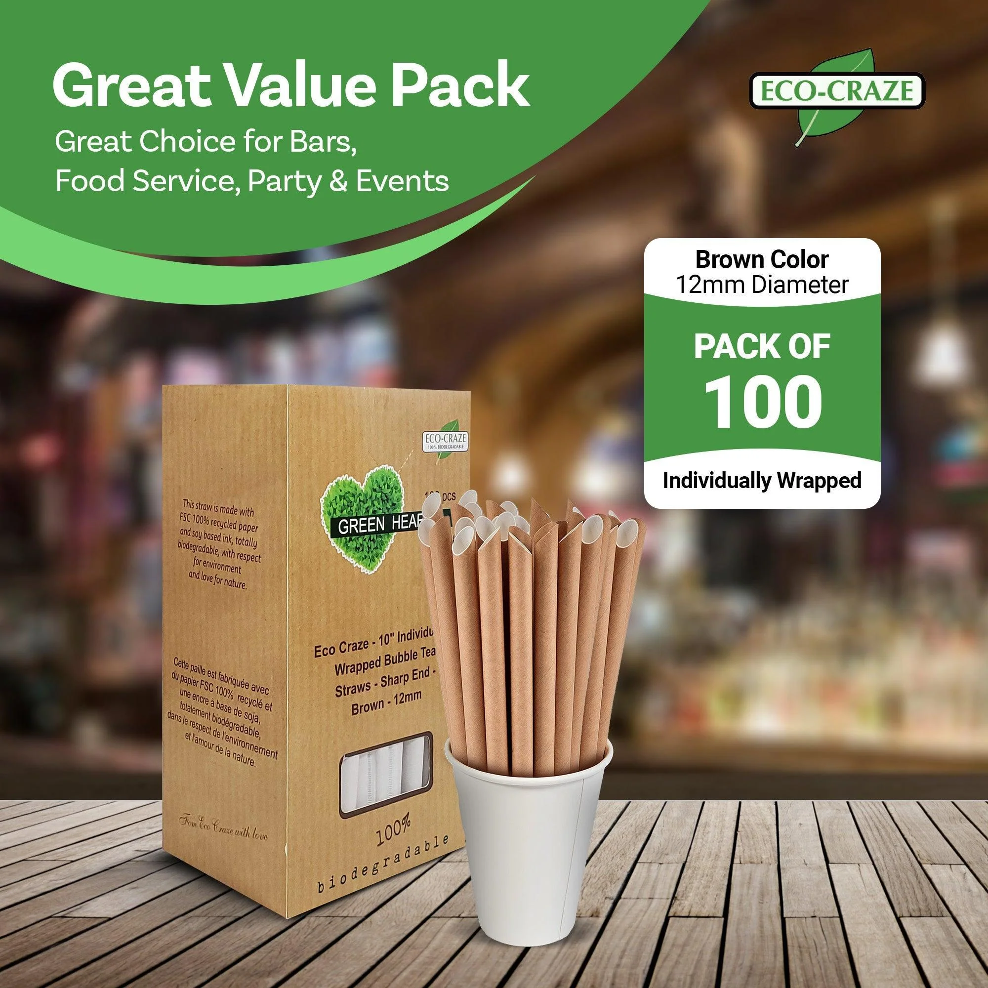 Eco-Craze - 10" Ind. Wrapped Bubble Tea Straws - Paper - Sharp End - Brown - 12mm - Image 10