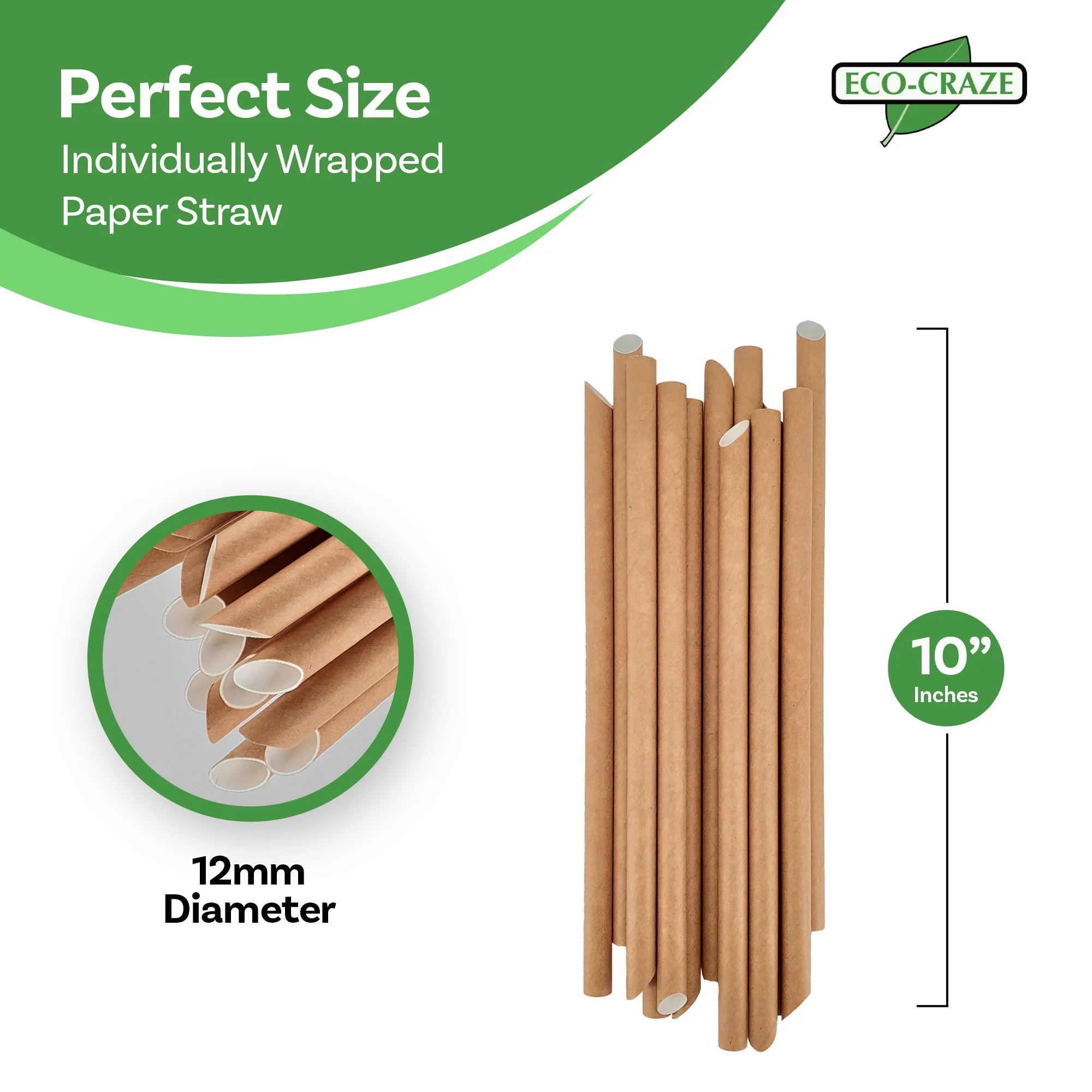 Eco-Craze - 10" Ind. Wrapped Bubble Tea Straws - Paper - Sharp End - Brown - 12mm - Image 2