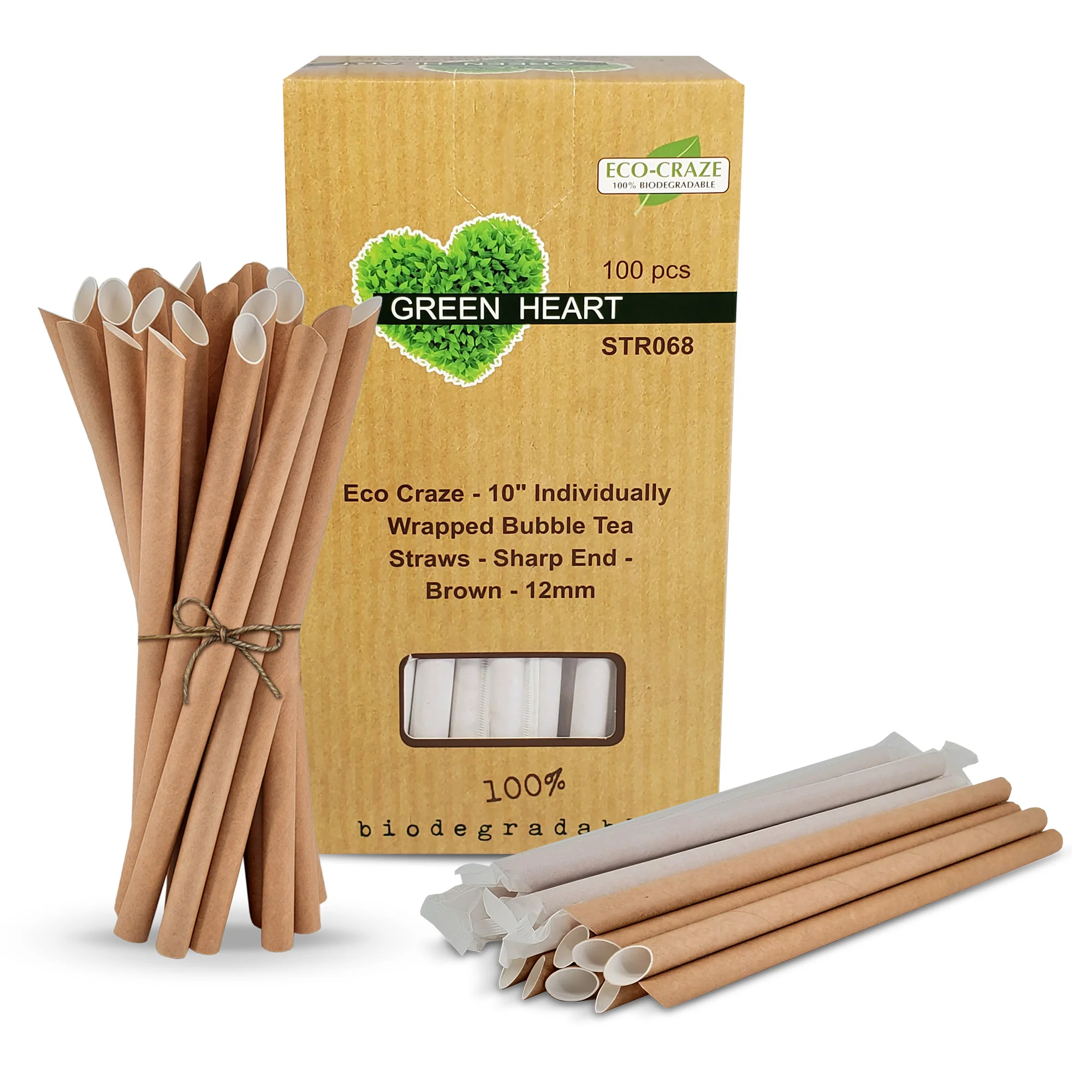 Eco-Craze - 10" Ind. Wrapped Bubble Tea Straws - Paper - Sharp End - Brown - 12mm - Image 4