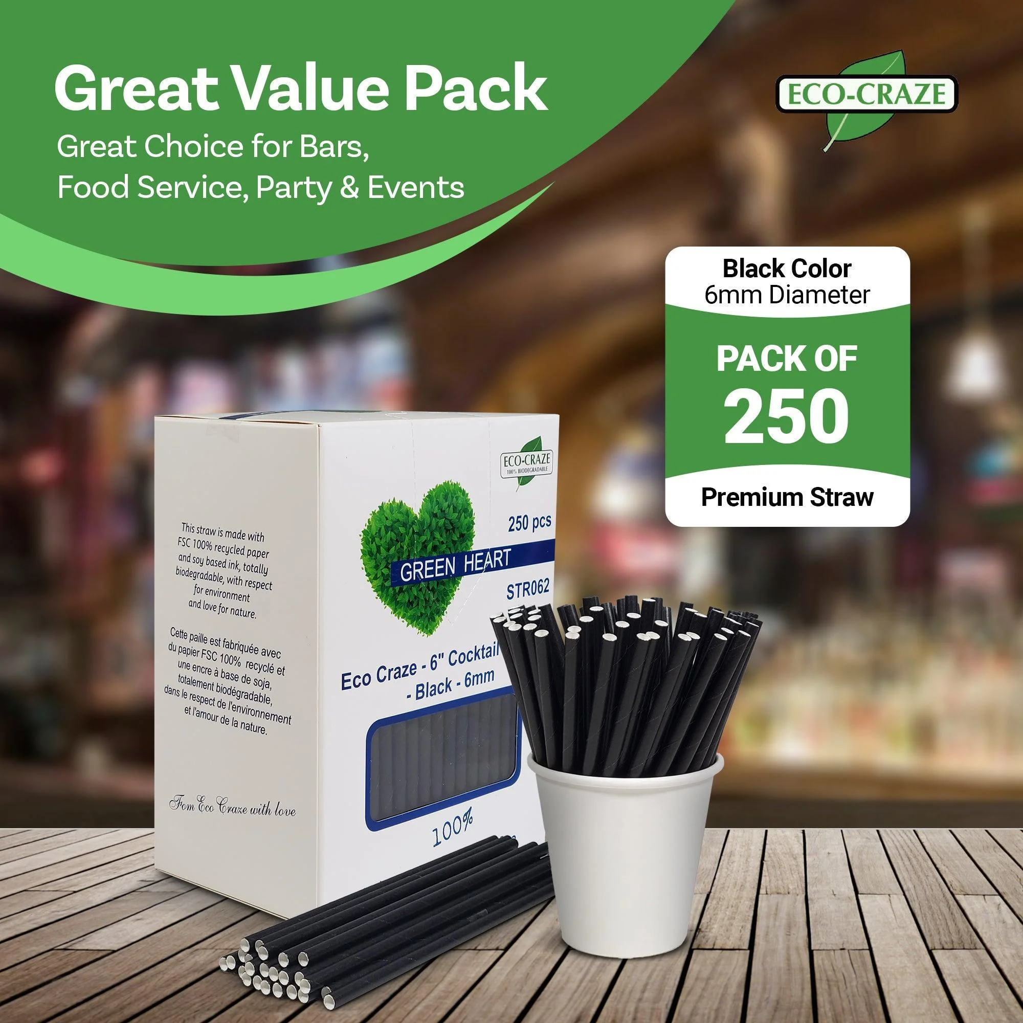 Eco-Craze - 6" Cocktail Straws - Paper - Black - 6mm - Image 11