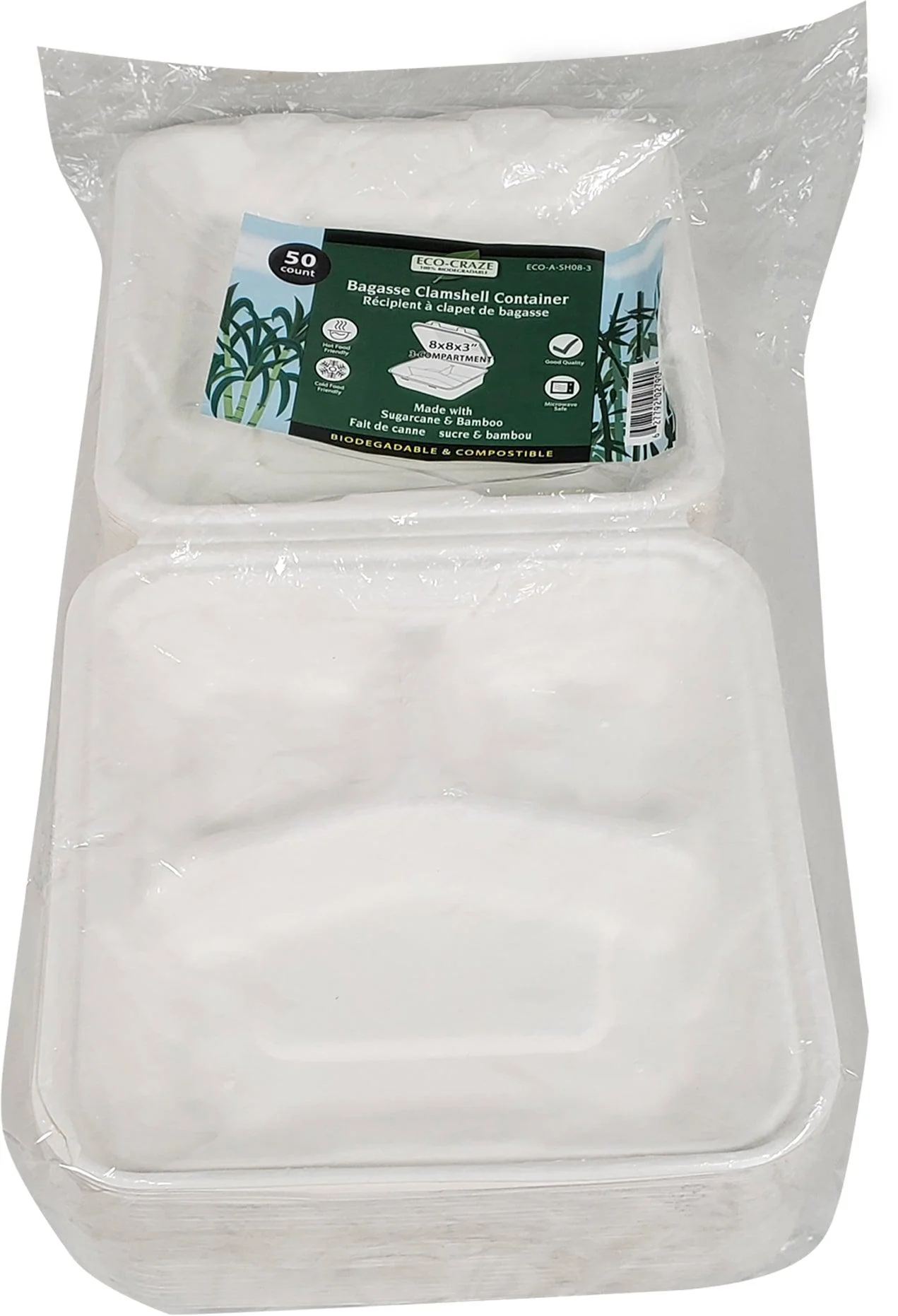 Eco-Craze - 8X8X3 - 3 Compartment Bagasse Clamshell - Image 4