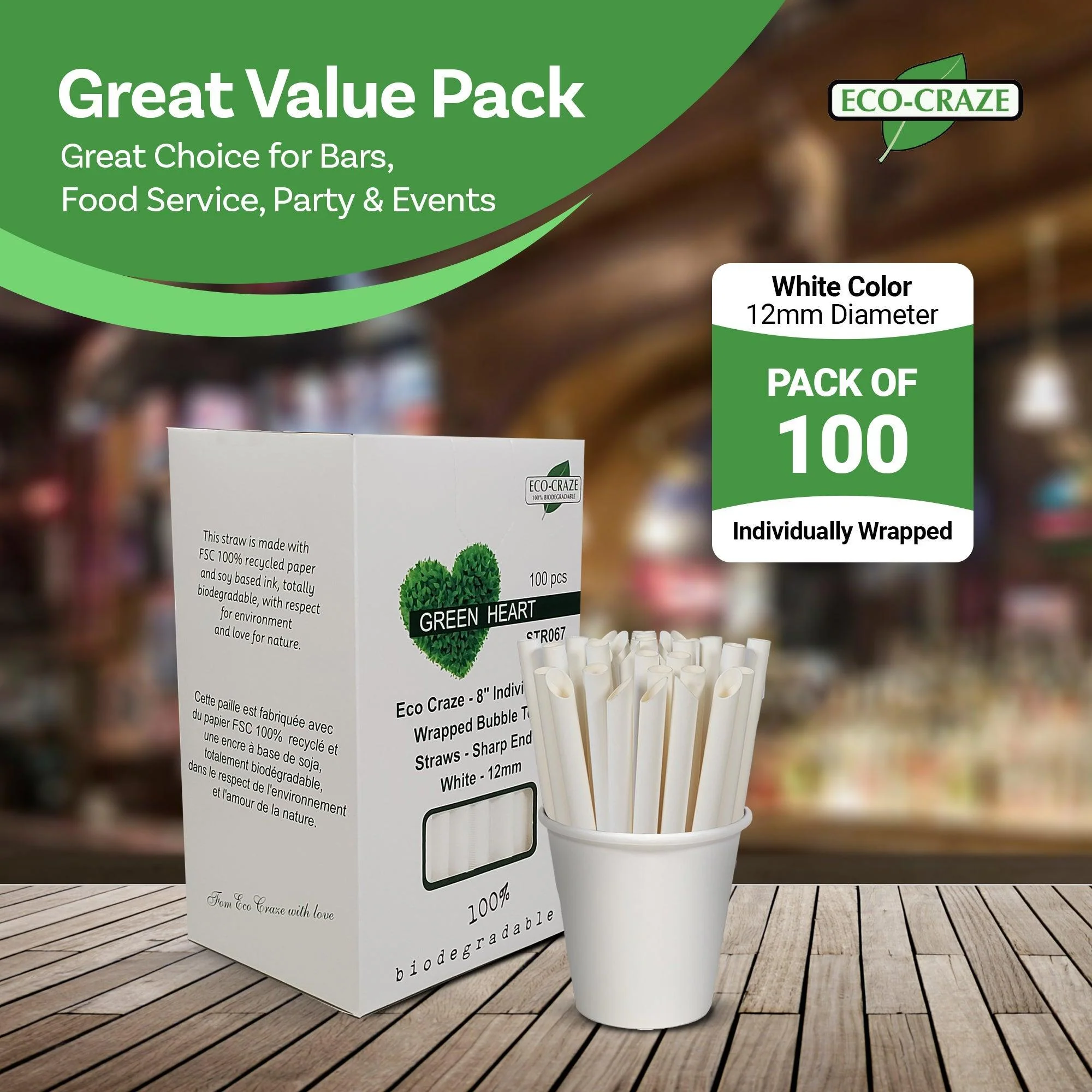 Eco-Craze - 8" Ind. Wrapped Bubble Tea Straws - Paper - Sharp End - White - 12mm - Image 4
