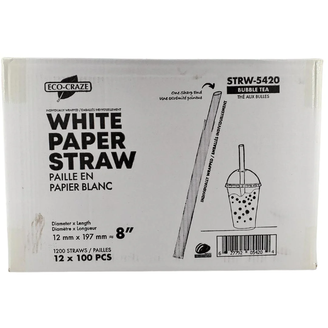 Eco-Craze - 8" Ind. Wrapped Bubble Tea Straws - Paper - Sharp End - White - 12mm - Image 8