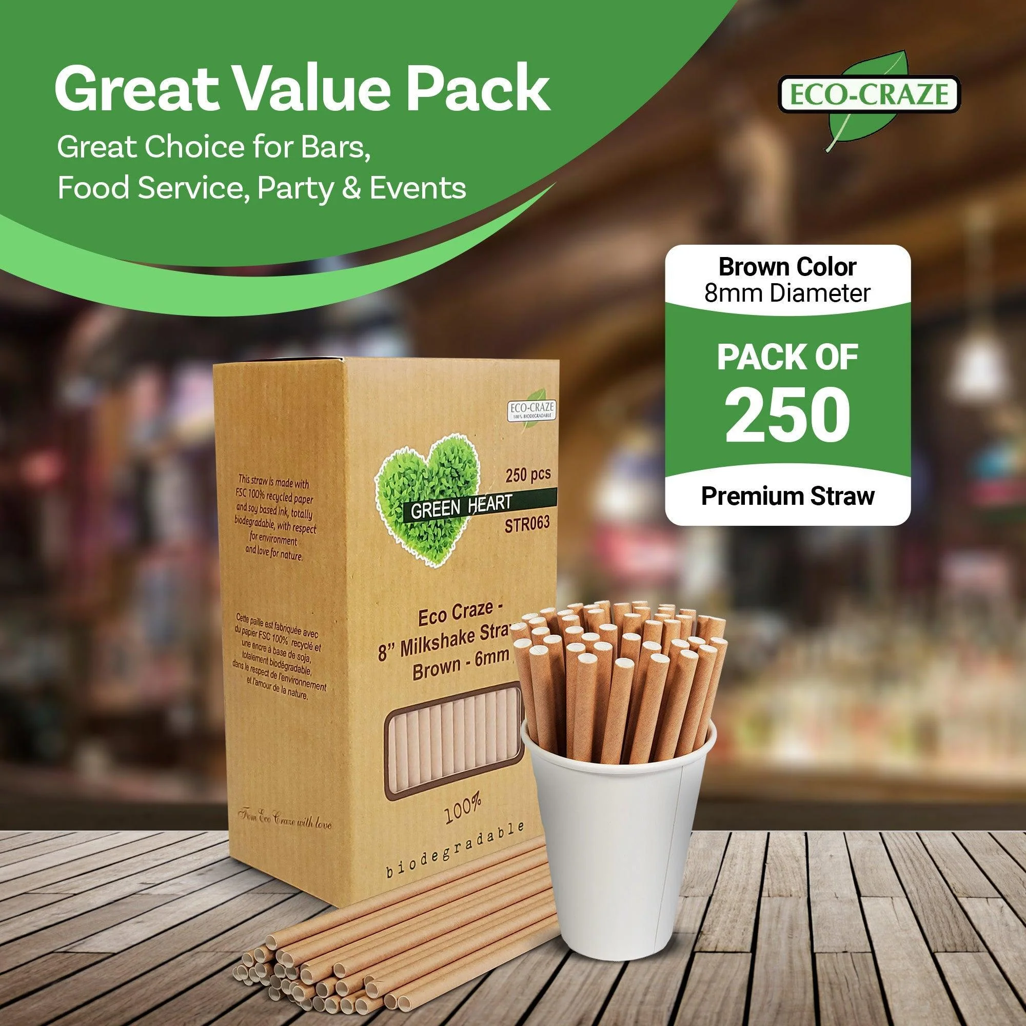 Eco-Craze - 8" Milkshake Straws - Paper - Brown - 6mm - Image 10