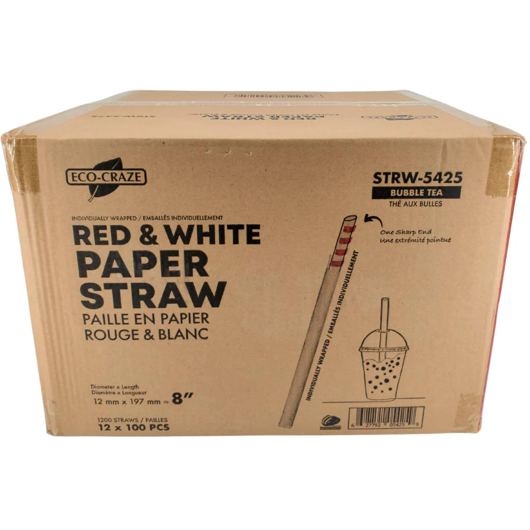 Eco-Craze - 8" Red & White Paper Straw - Bubble Tea -  Sharp End - Wrapped - 12 mm - Image 10