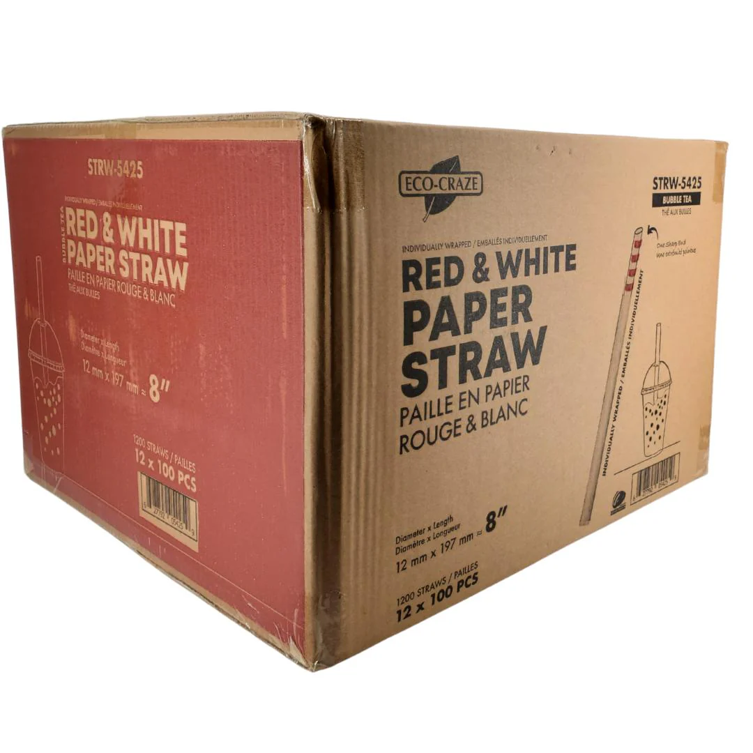 Eco-Craze - 8" Red & White Paper Straw - Bubble Tea -  Sharp End - Wrapped - 12 mm - Image 11