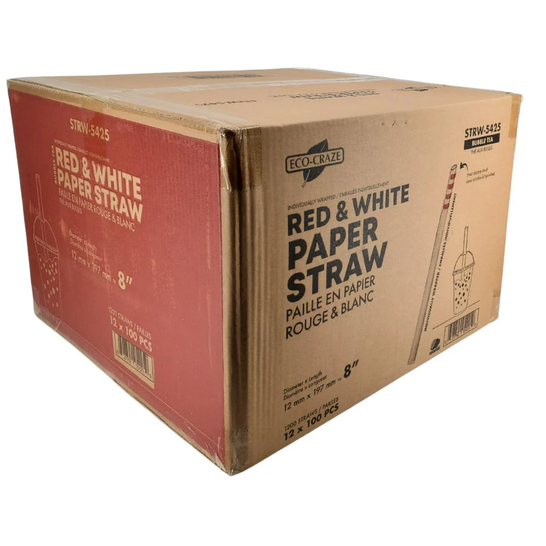 Eco-Craze - 8" Red & White Paper Straw - Bubble Tea -  Sharp End - Wrapped - 12 mm - Image 12