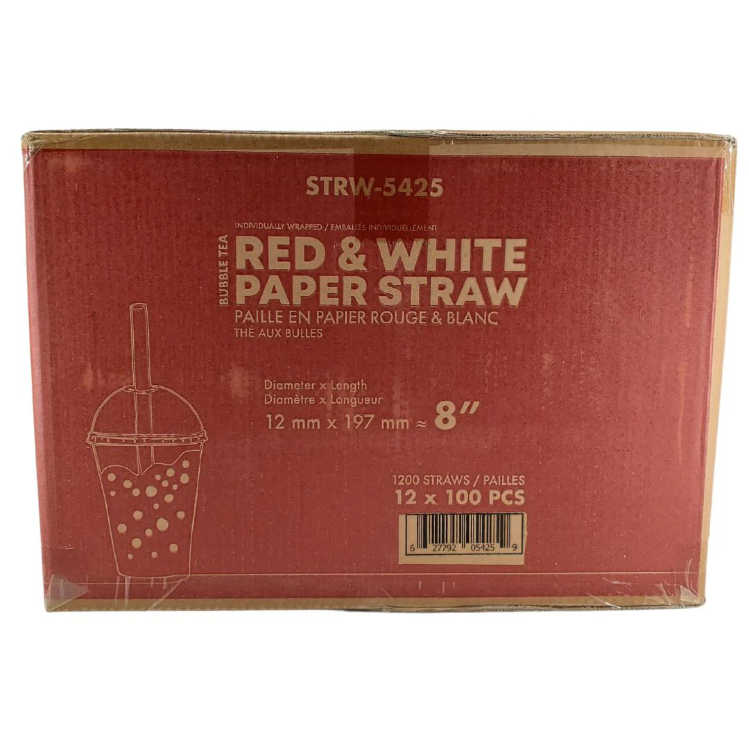 Eco-Craze - 8" Red & White Paper Straw - Bubble Tea -  Sharp End - Wrapped - 12 mm - Image 13