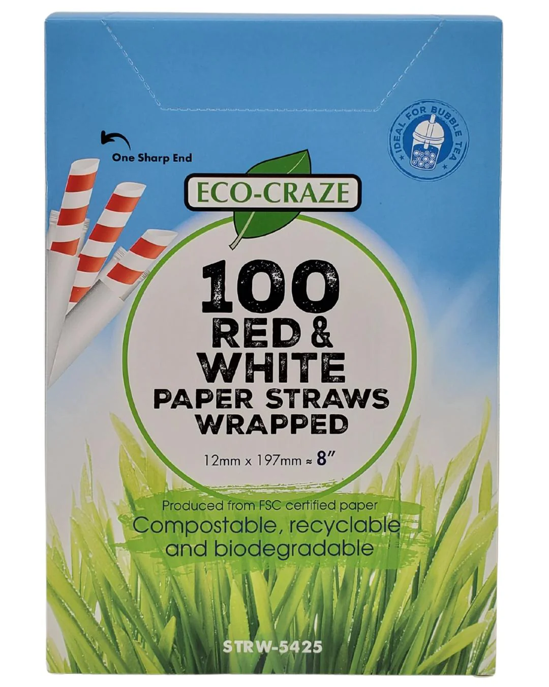Eco-Craze - 8" Red & White Paper Straw - Bubble Tea -  Sharp End - Wrapped - 12 mm - Image 2