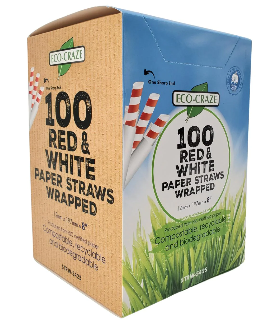 Eco-Craze - 8" Red & White Paper Straw - Bubble Tea -  Sharp End - Wrapped - 12 mm - Image 3