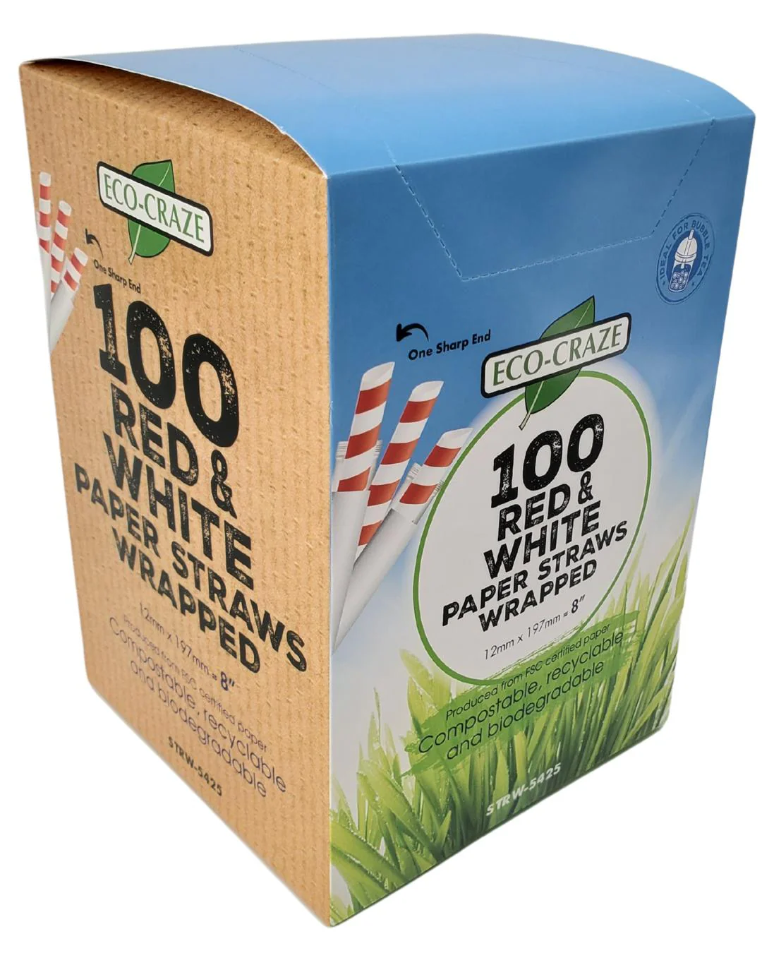 Eco-Craze - 8" Red & White Paper Straw - Bubble Tea -  Sharp End - Wrapped - 12 mm - Image 4