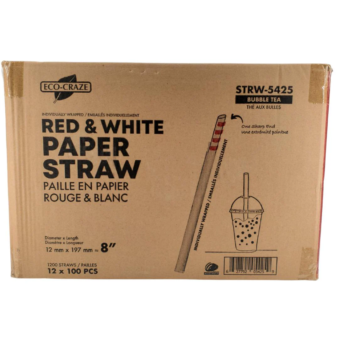 Eco-Craze - 8" Red & White Paper Straw - Bubble Tea -  Sharp End - Wrapped - 12 mm - Image 9