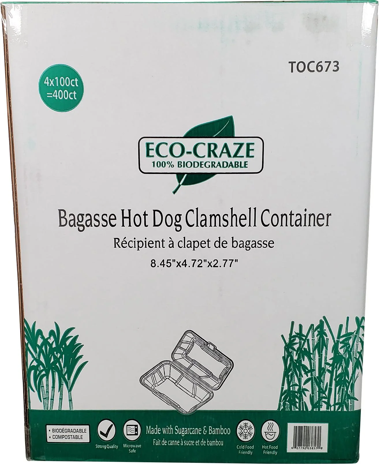 Eco-Craze - Hot Dog - 8.45"x4.72"x2.77" - Bagasse Clamshell Container - Image 3