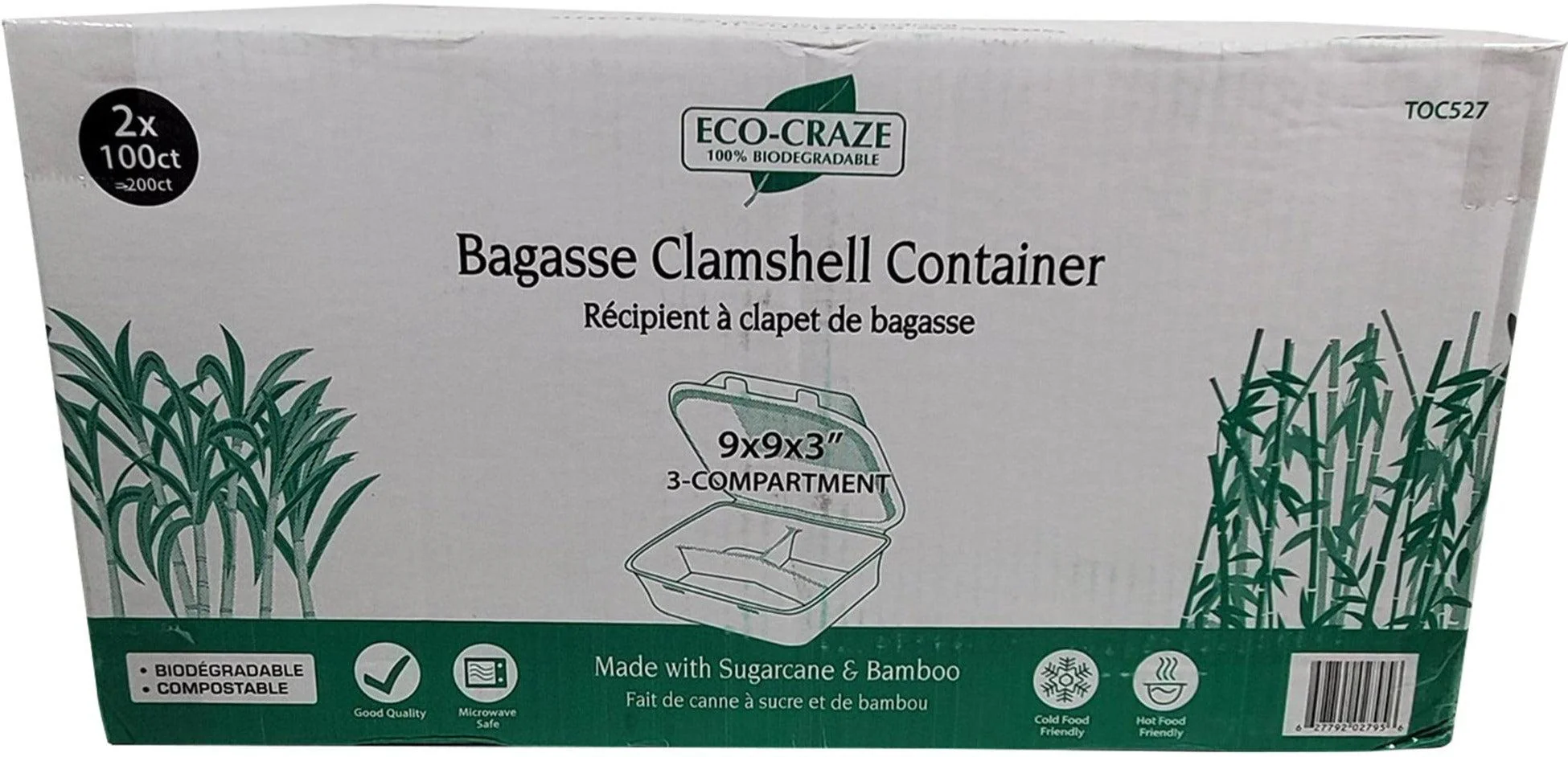 Eco-Craze - Bagasse Clamshell Hinged Container - 9X9 - 3 Compartment - Image 2