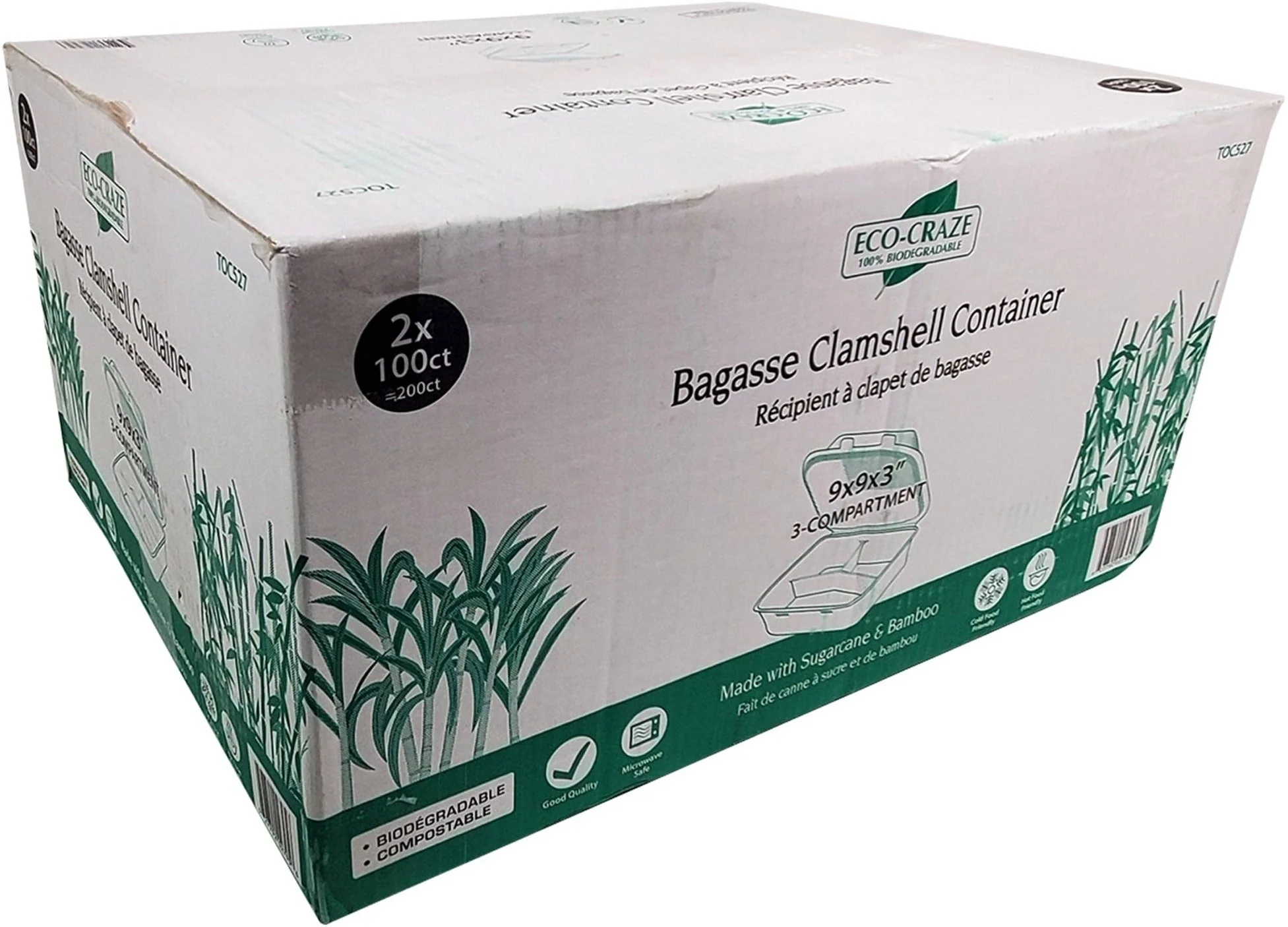 Eco-Craze - Bagasse Clamshell Hinged Container - 9X9 - 3 Compartment - Image 3
