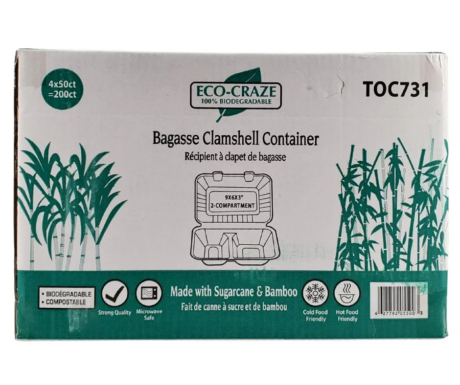 Eco-Craze - Bagasse Clamshell Container - 9X6 - 2 Comp - Image 2