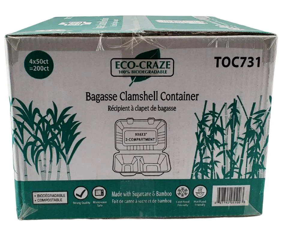 Eco-Craze - Bagasse Clamshell Container - 9X6 - 2 Comp - Image 5