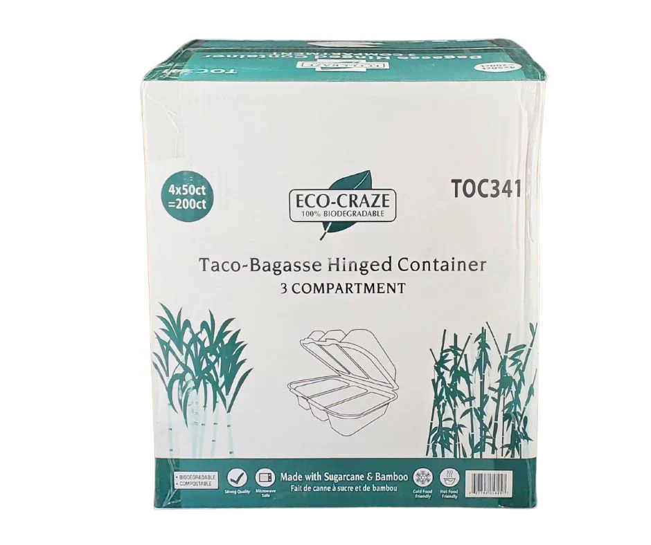 Eco-Craze - Taco - Bagasse Hinged Container - 3 COMPARTMENT - Image 9