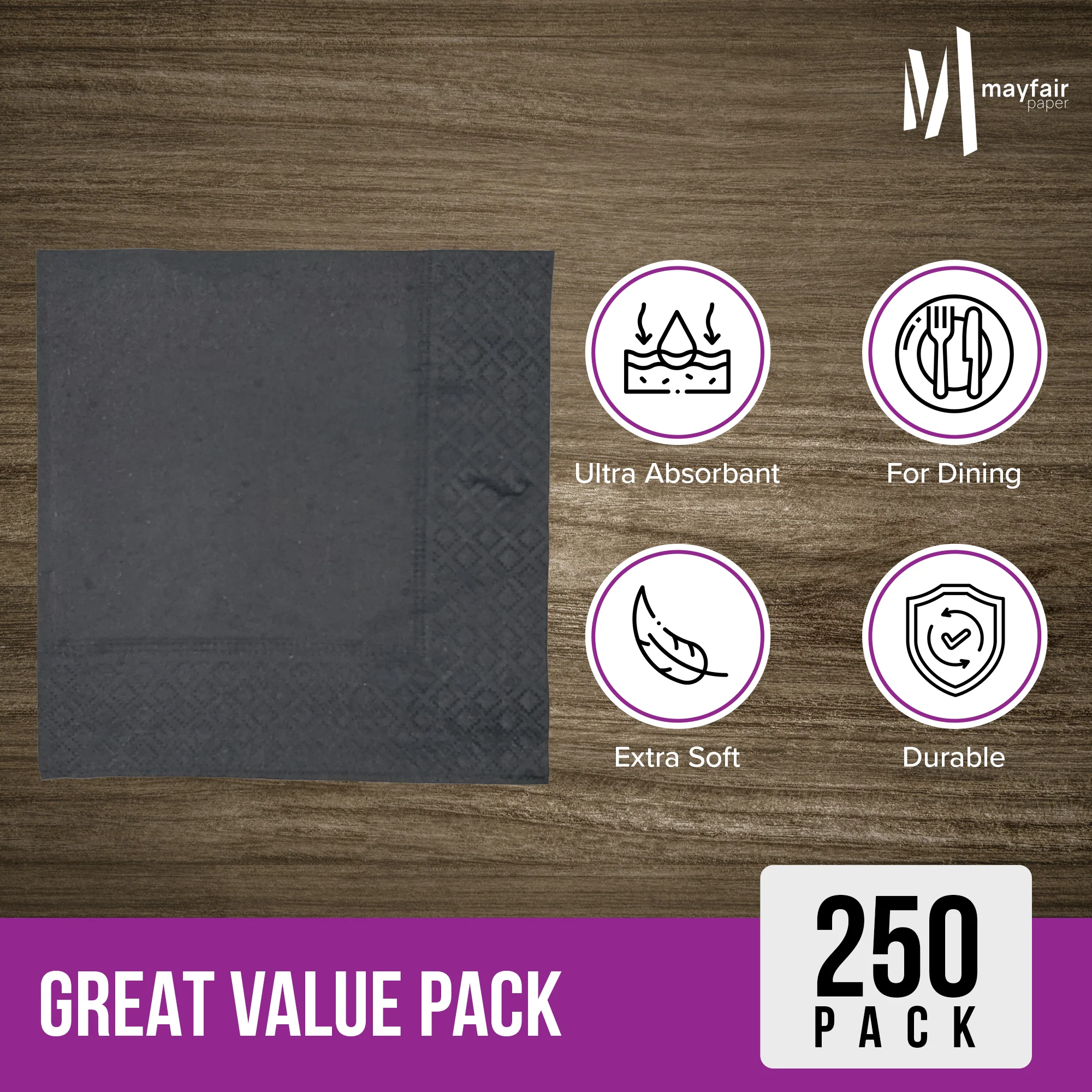 Mayfair - 2 Ply Cocktail Napkins 1/4 Fold - Black - CNAP02B - Image 7