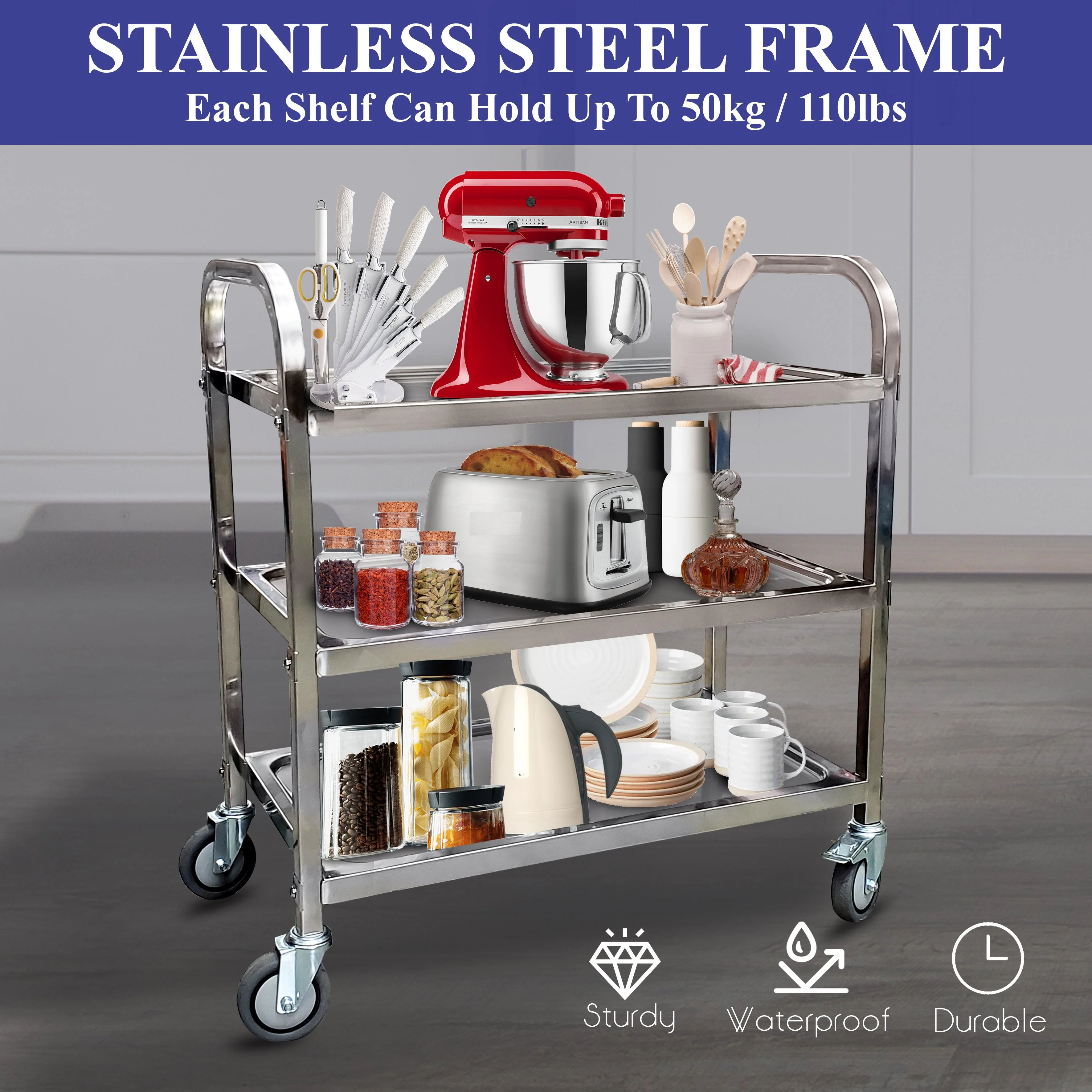 Pro-Kitchen - 95cmx50cmx95cm - 3 Shelf Trolley - SS - Large - Image 2