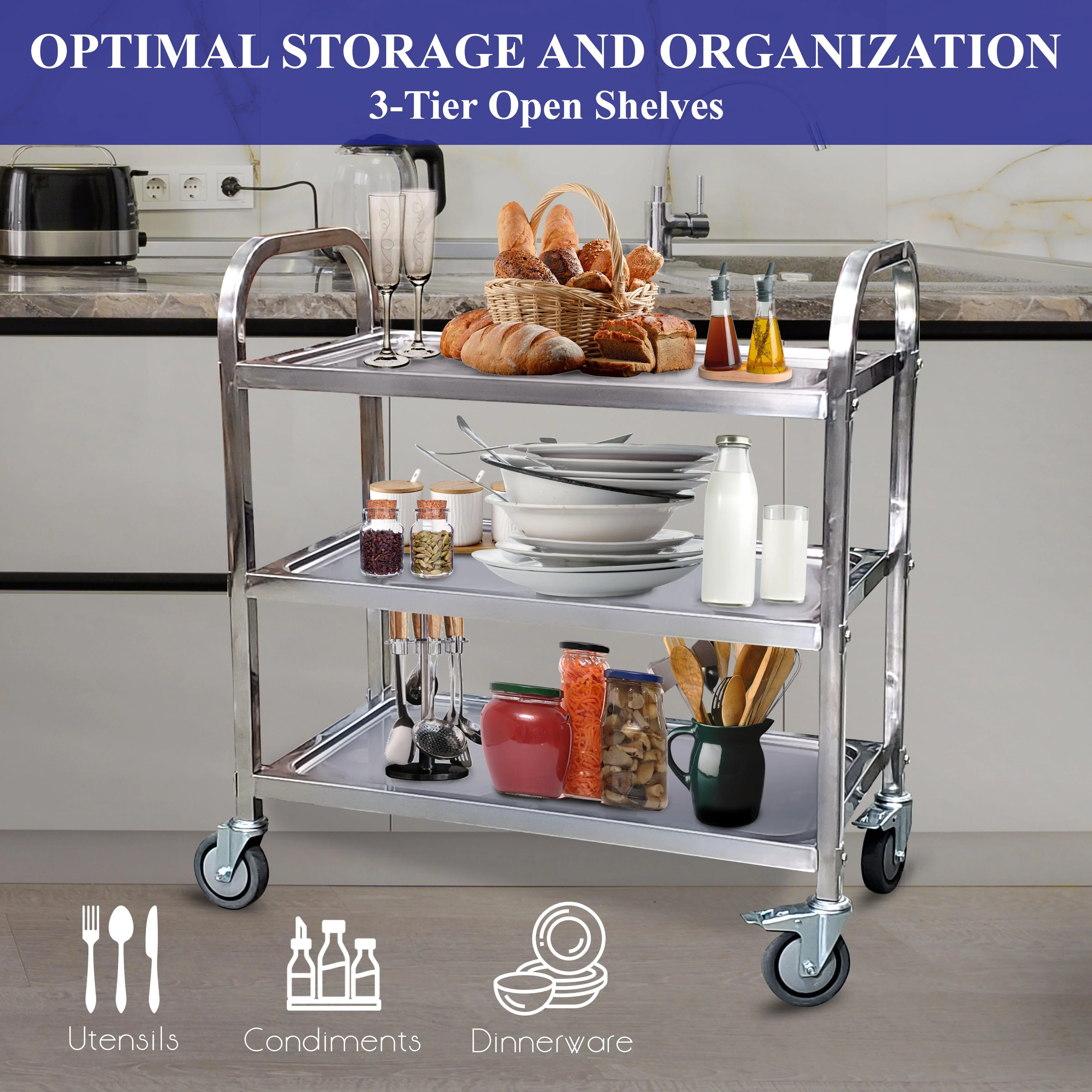 Pro-Kitchen - 95cmx50cmx95cm - 3 Shelf Trolley - SS - Large - Image 3