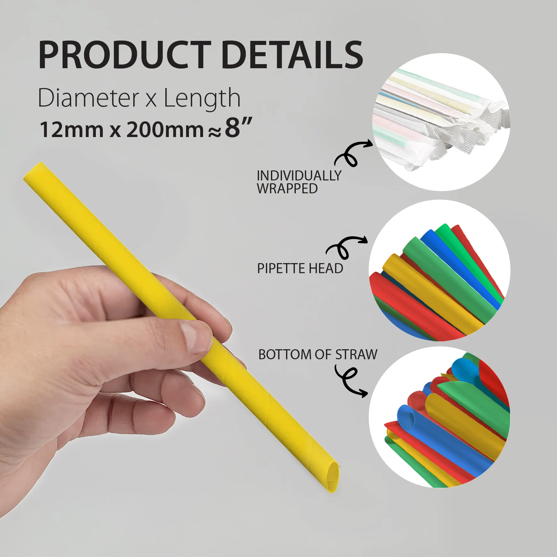 Value+ - 8" Assorted Colours Plastic Straws- Bubble Tea- Sharp End - Paper Wrapped - 12 mm - Image 3