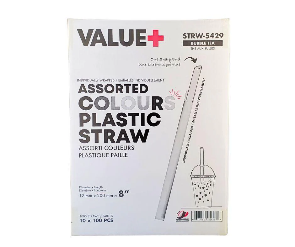 Value+ - 8" Assorted Colours Plastic Straws- Bubble Tea- Sharp End - Paper Wrapped - 12 mm - Image 4