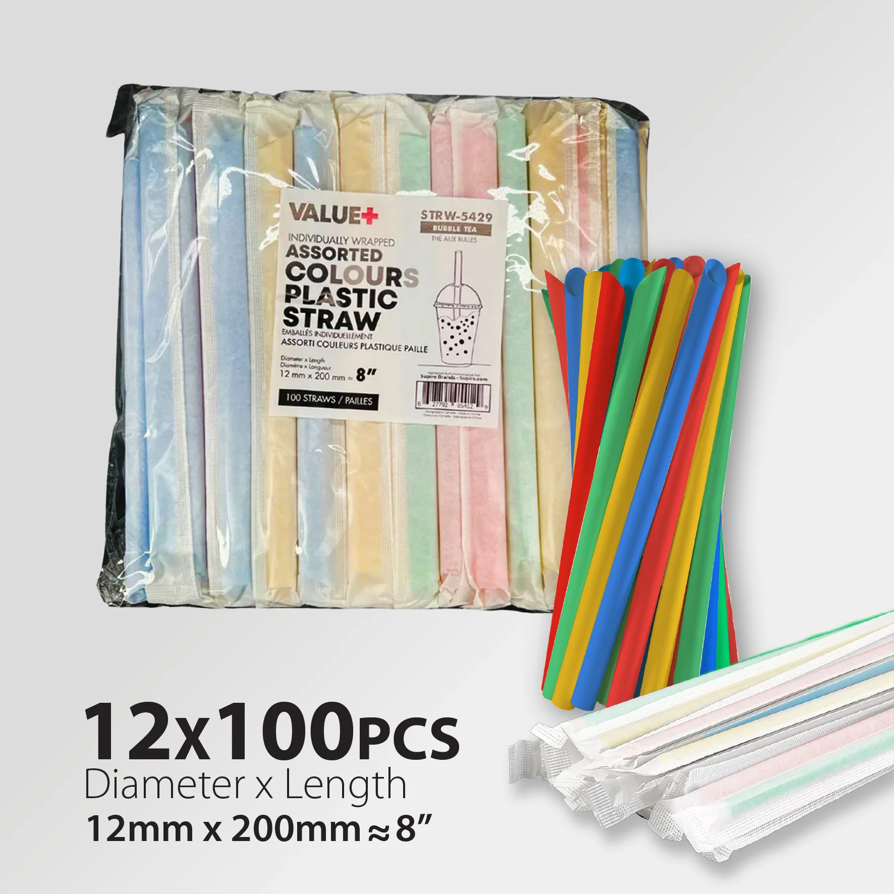 Value+ - 8" Assorted Colours Plastic Straws- Bubble Tea- Sharp End - Paper Wrapped - 12 mm - Image 5