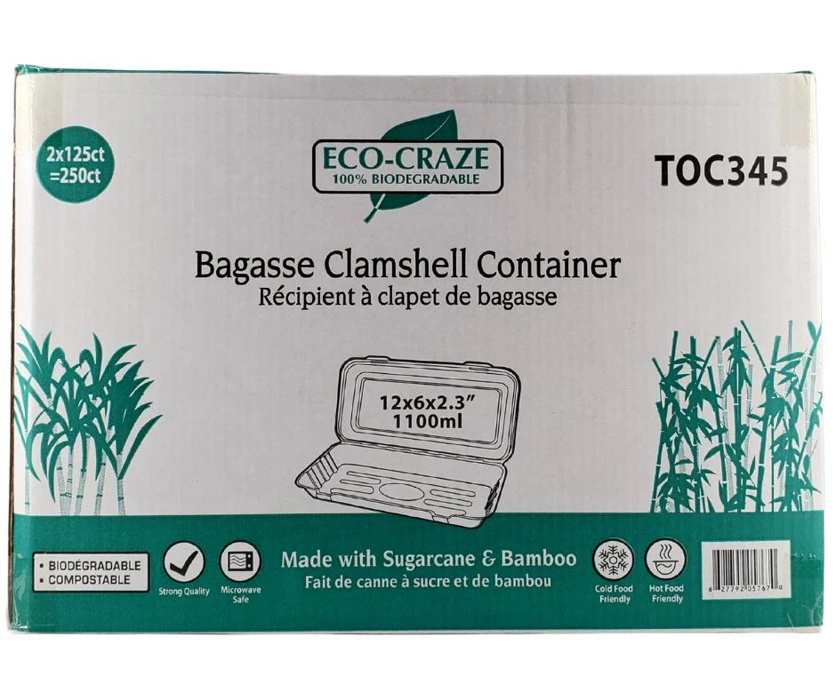 Eco-Craze - 12x6x2.3 Bagasse Clamshell Container - 1100ml - Image 4