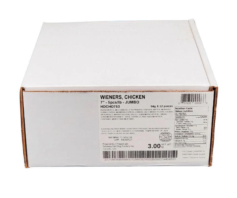 Frozen - Soloways - Cooked - 7" Wieners - Chicken - Jumbo - Image 3