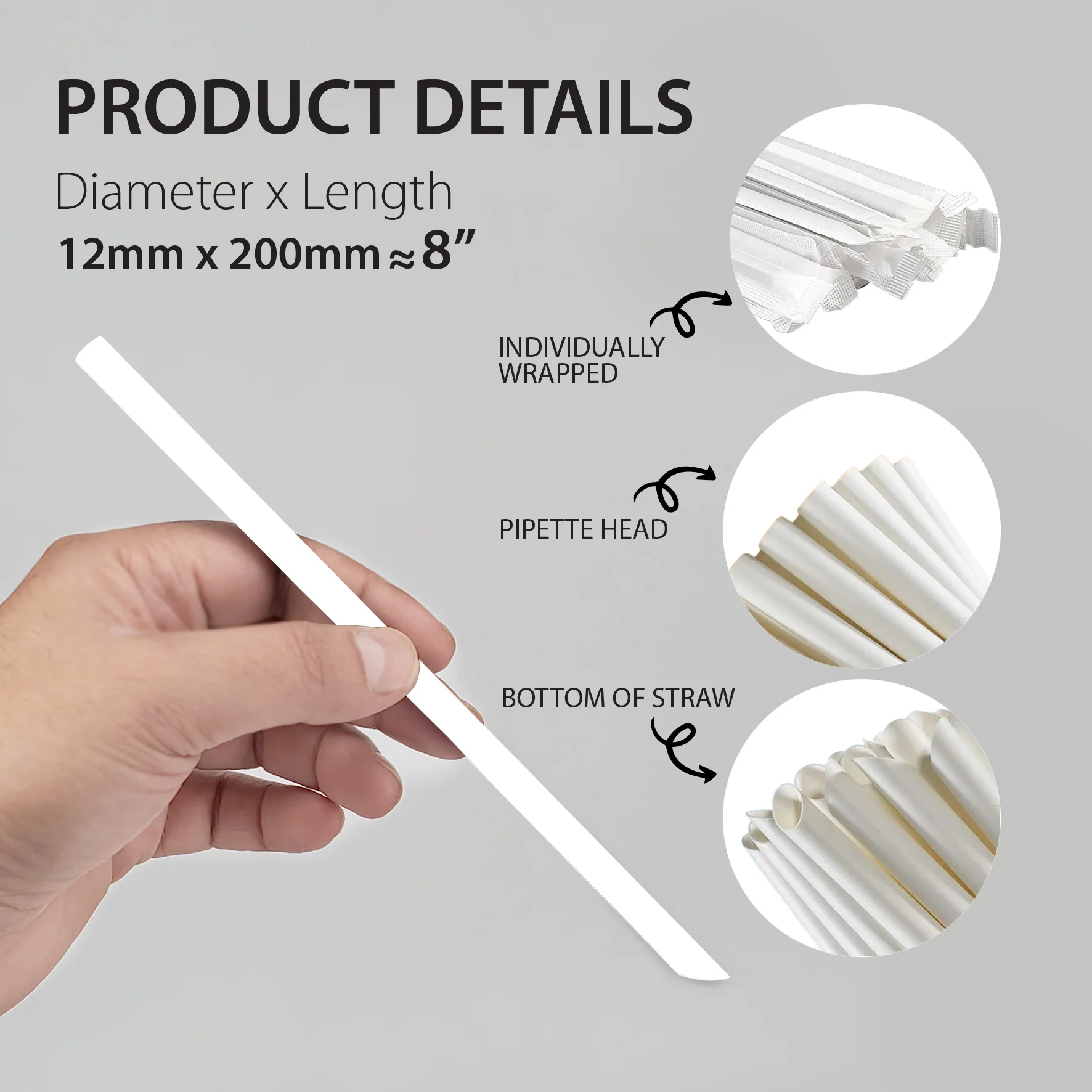 Value+ - 8"- Ind Wrapped - White Plastic Straw - Bubble Tea - Sharp End - White - 12 mm - Image 3