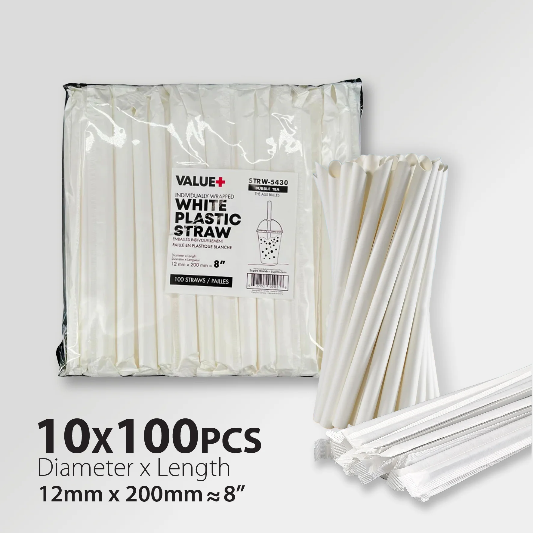 Value+ - 8"- Ind Wrapped - White Plastic Straw - Bubble Tea - Sharp End - White - 12 mm - Image 4