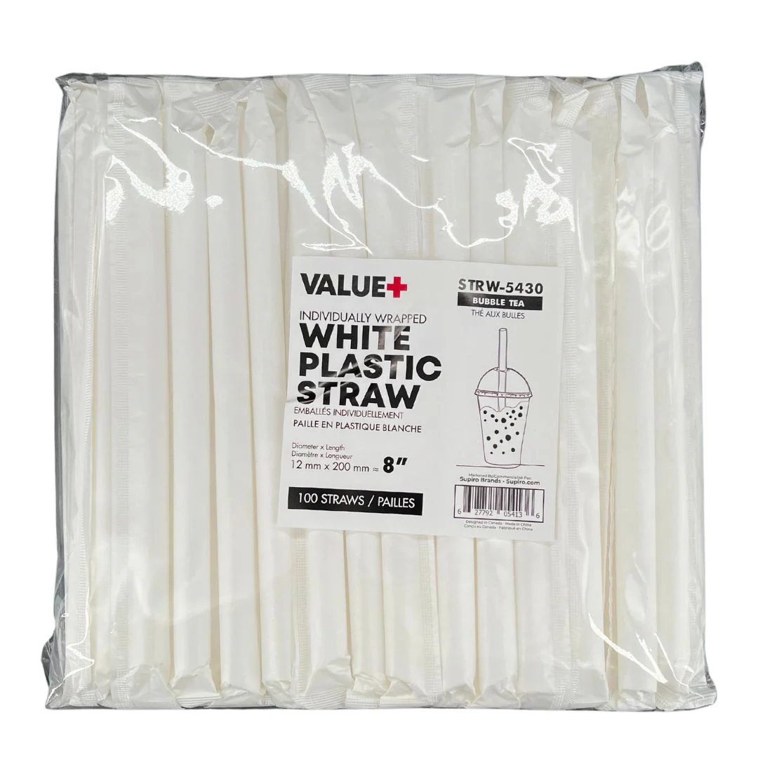 Value+ - 8"- Ind Wrapped - White Plastic Straw - Bubble Tea - Sharp End - White - 12 mm - Image 6