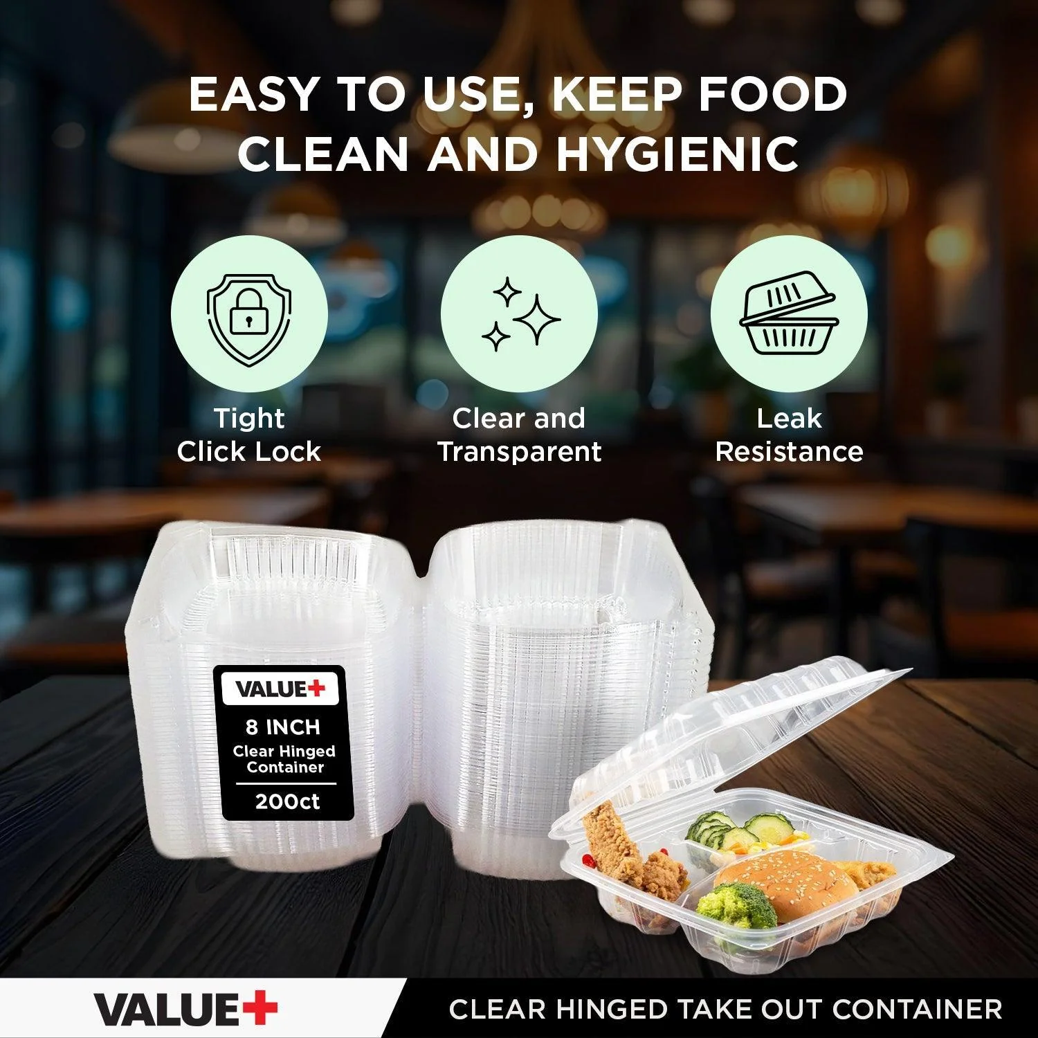 CLR - Value+ - Dual Lock - 8 in Medium Clear Hinged Containers - 3 Comp - CV883 - Image 3