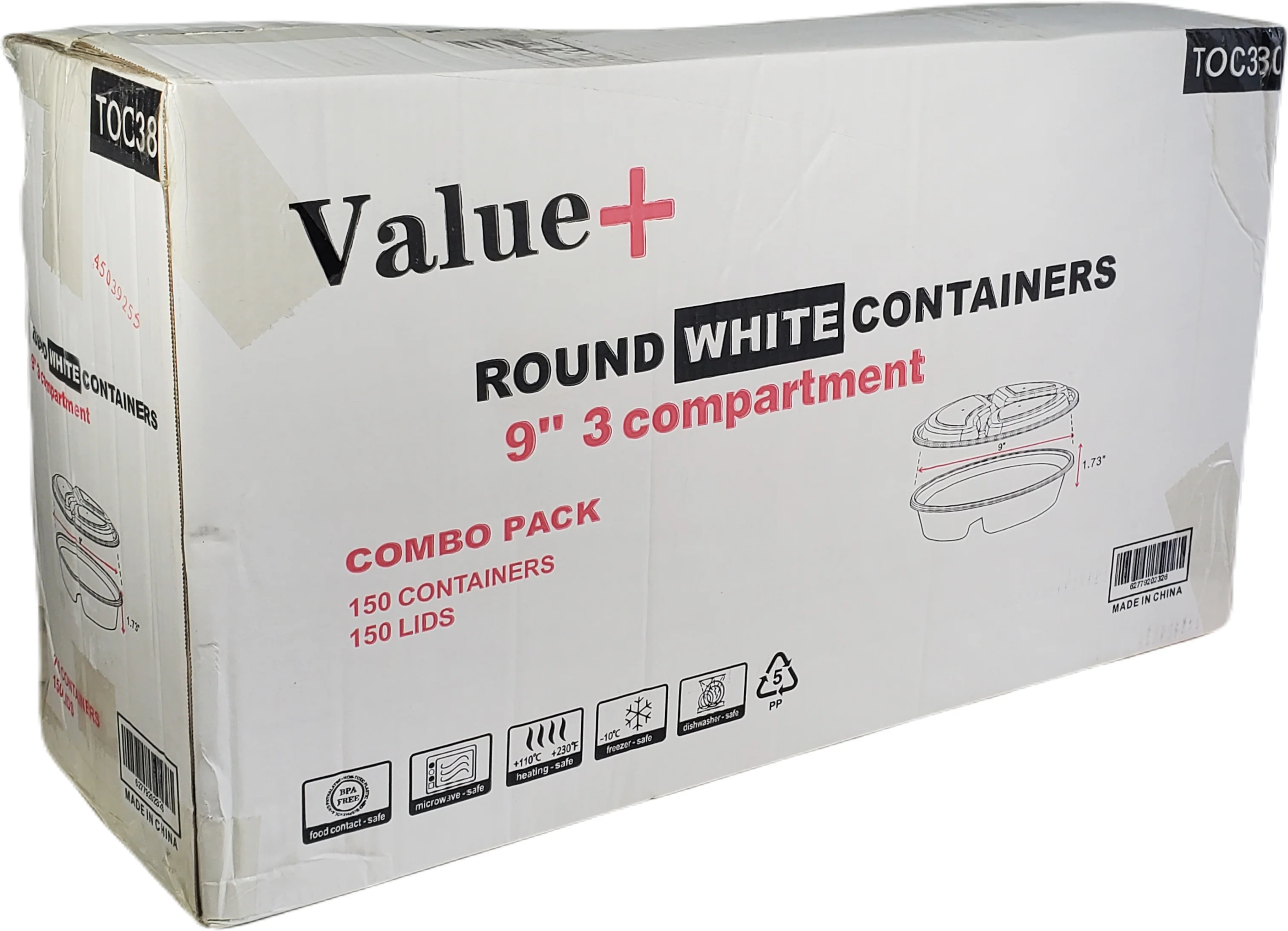 Value+ - 9" 3 Compartment Round White Plastic Container - Image 3