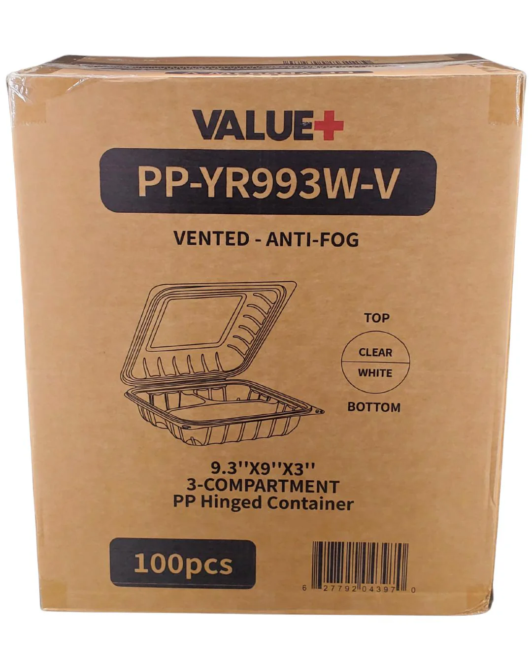 Value+ - YR993W-V - PP Hinged Cont. - 9.3x9x3"- 3 Comt.- White w/Clear Lid - Image 7