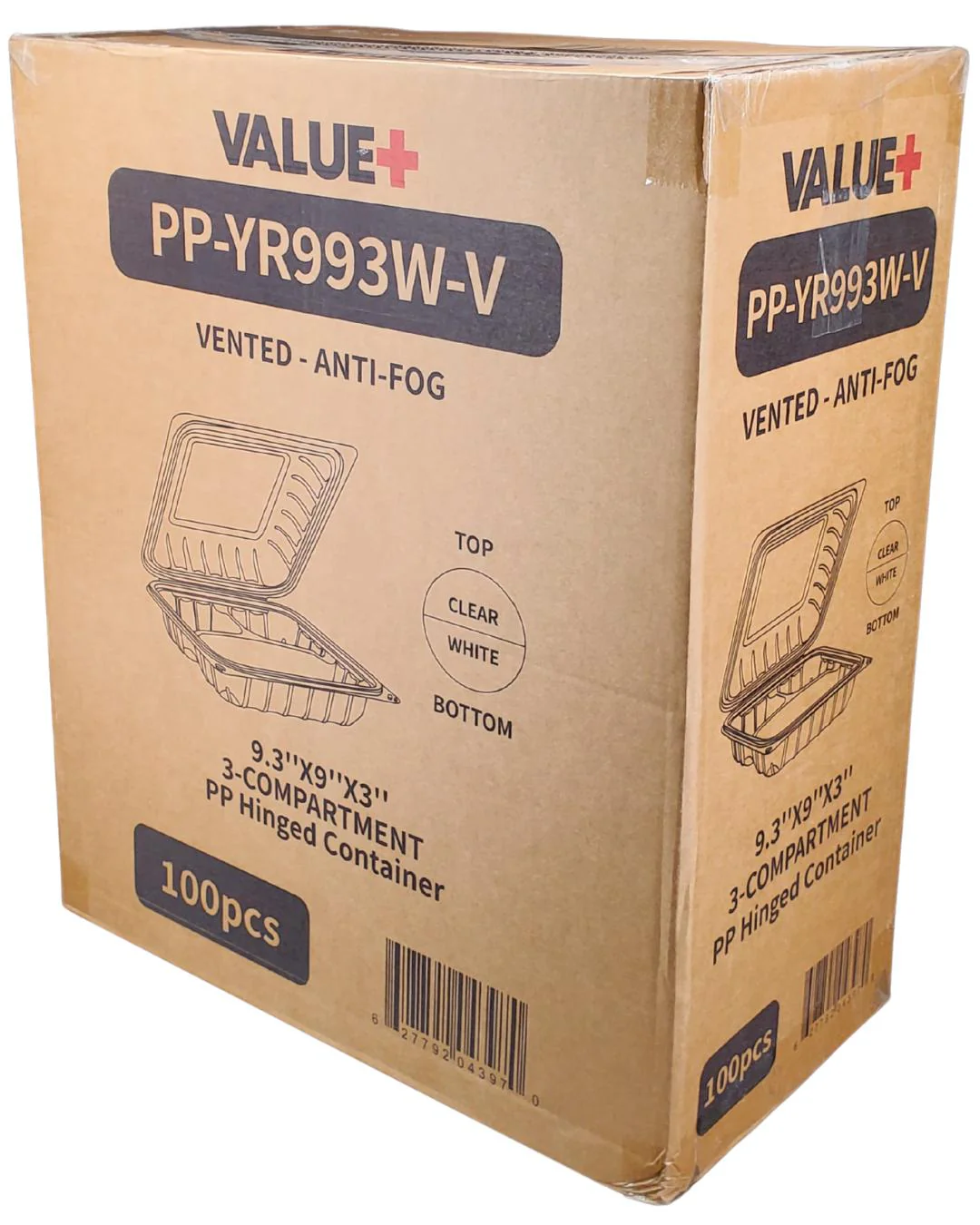 Value+ - YR993W-V - PP Hinged Cont. - 9.3x9x3"- 3 Comt.- White w/Clear Lid - Image 8