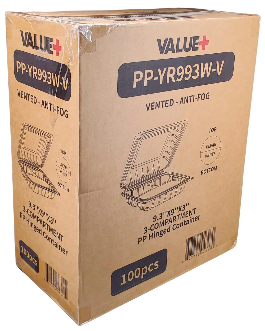 Value+ - YR993W-V - PP Hinged Cont. - 9.3x9x3"- 3 Comt.- White w/Clear Lid - Image 9