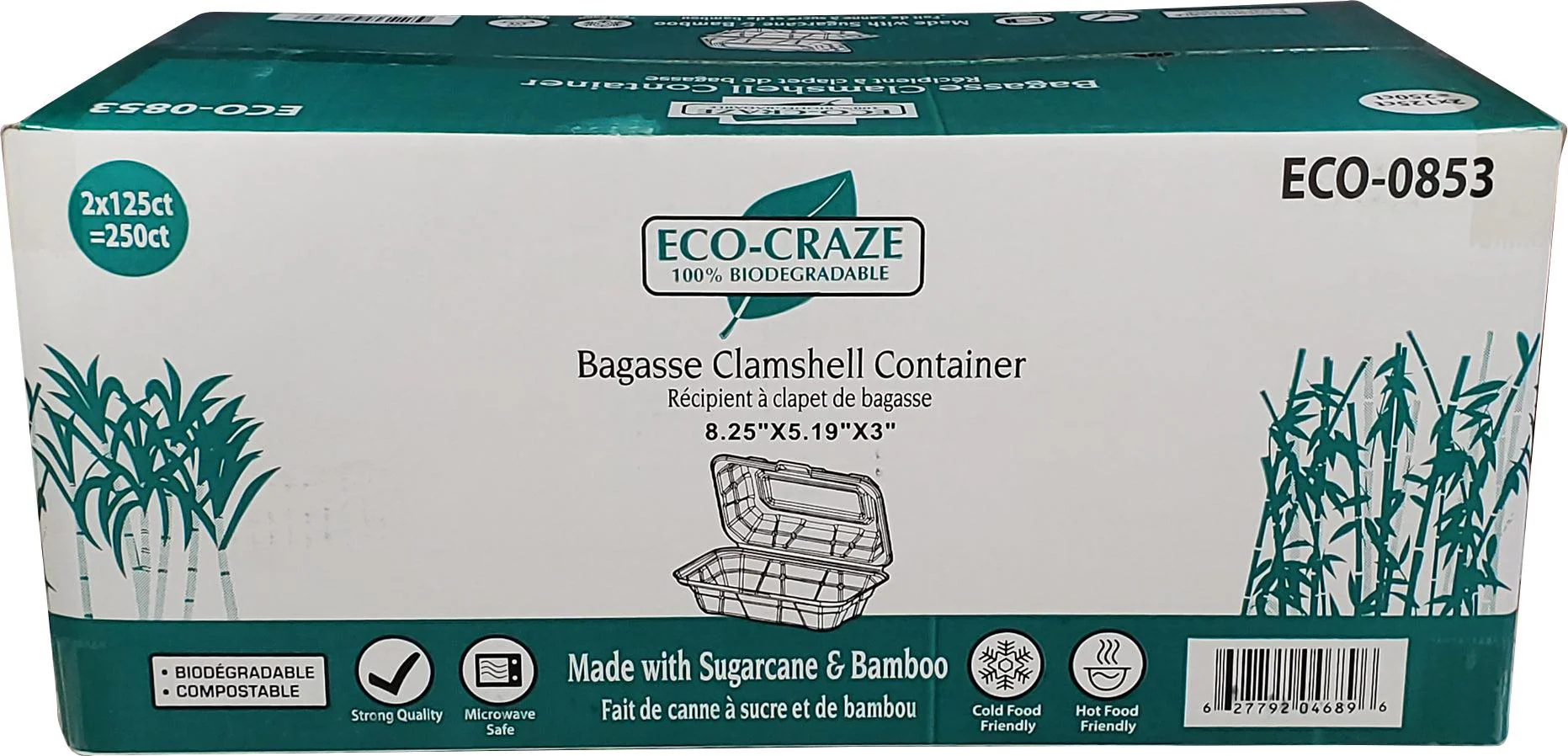 Eco-Craze - 8.25x5.19x3" - Bagasse Clamshell Container - Image 3